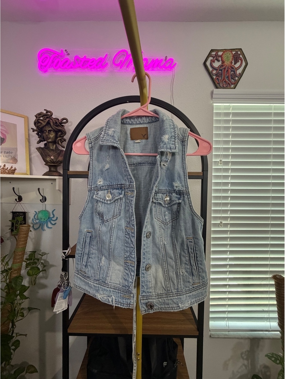 American Eagle Light Wash Distressed Denim Vest - Size Medium